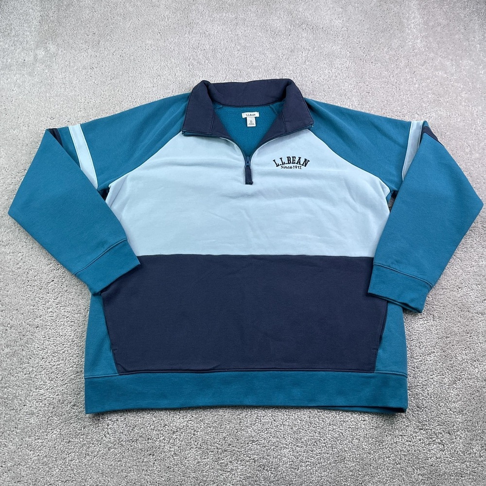 LL Bean Sweatshirt Womens XL Blue Colorblock Logo Embroidered Zip Pullover